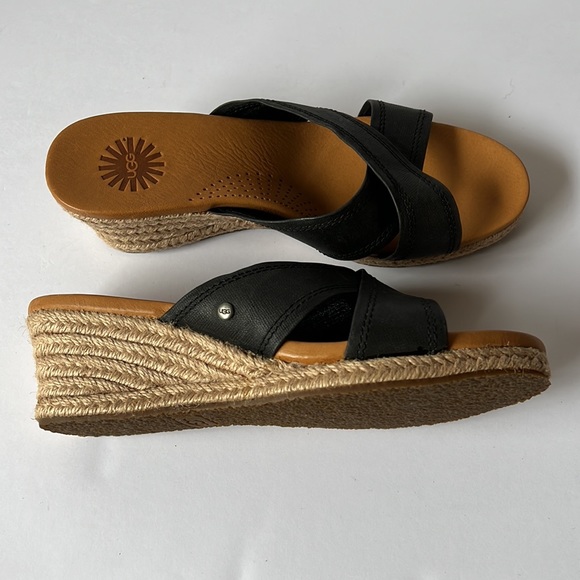 Ugg Sandal Black Leather Wedge New 6 - Picture 7 of 12